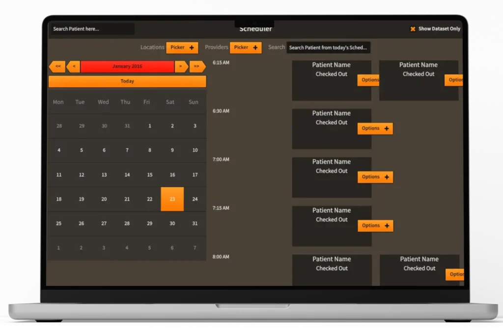 Streamlined appointment scheduling for multi-location practices with real-time status and fast search.