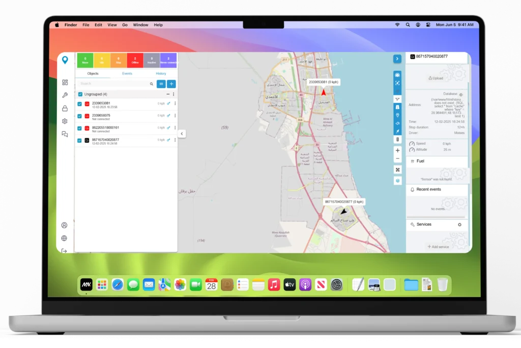 Simultaneous tracking of multiple fleet devices with precise event details.
