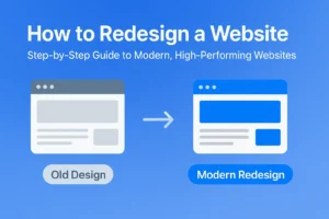 Before and after website redesign illustration showing transformation from outdated to modern, responsive web design by Softifyme
