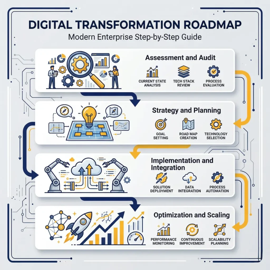4 phase digital transformation roadmap process including assessment strategy implementation and optimization