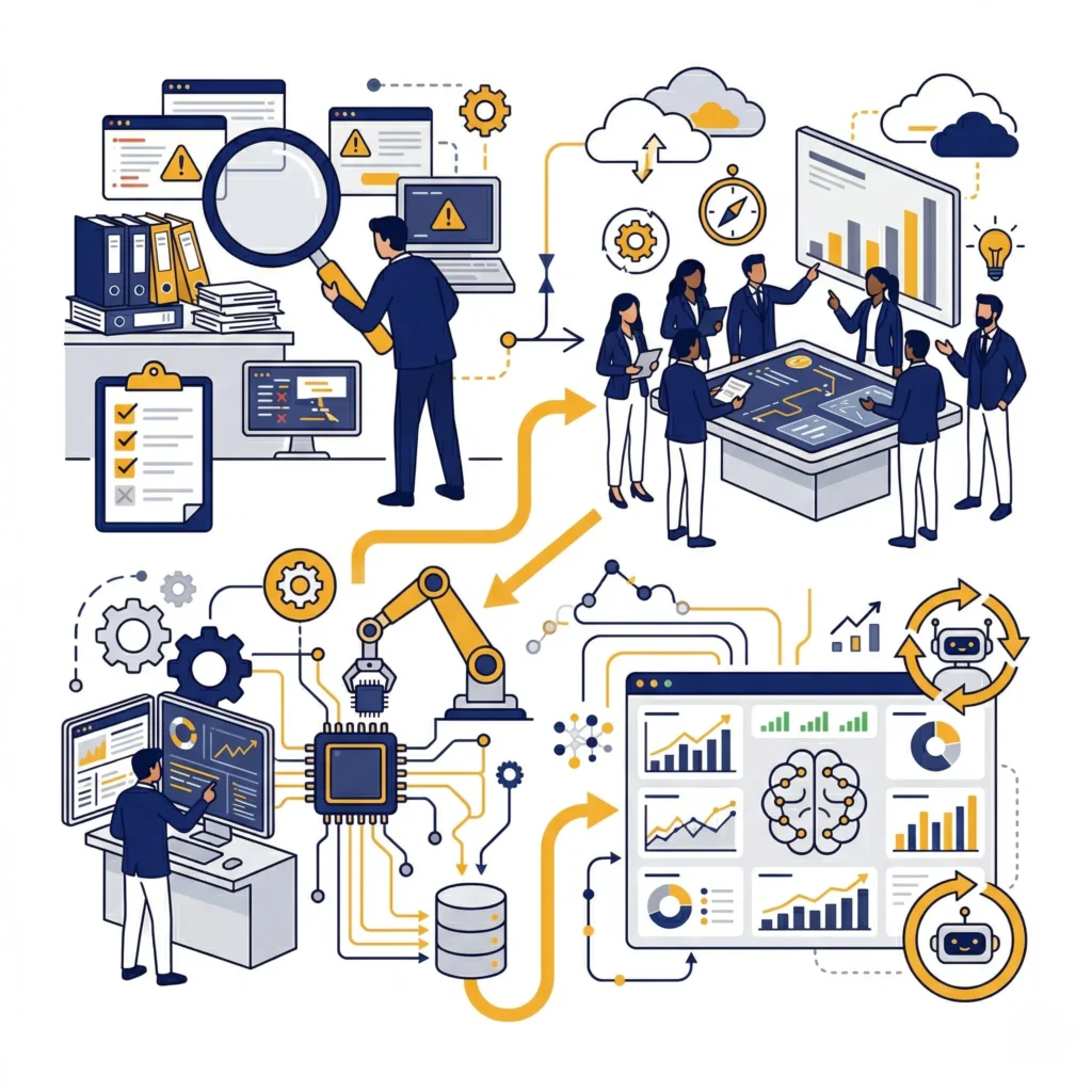 Digital transformation roadmap illustration showing business automation, strategy, implementation, and growth