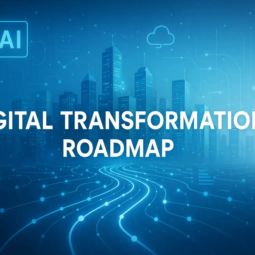 Illustration of a digital transformation roadmap showing technology integration, innovation, and data connectivity for modern businesses.