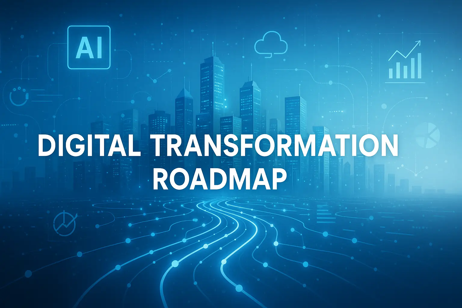Illustration of a digital transformation roadmap showing technology integration, innovation, and data connectivity for modern businesses.