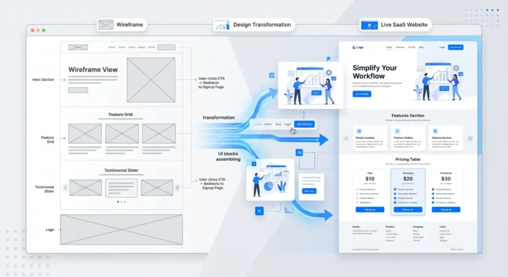 custom website development process from wireframe to final design