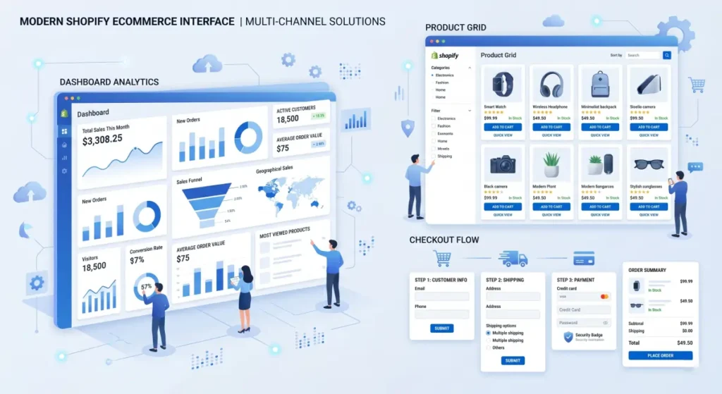 shopify ecommerce platform showing product management and dashboard features