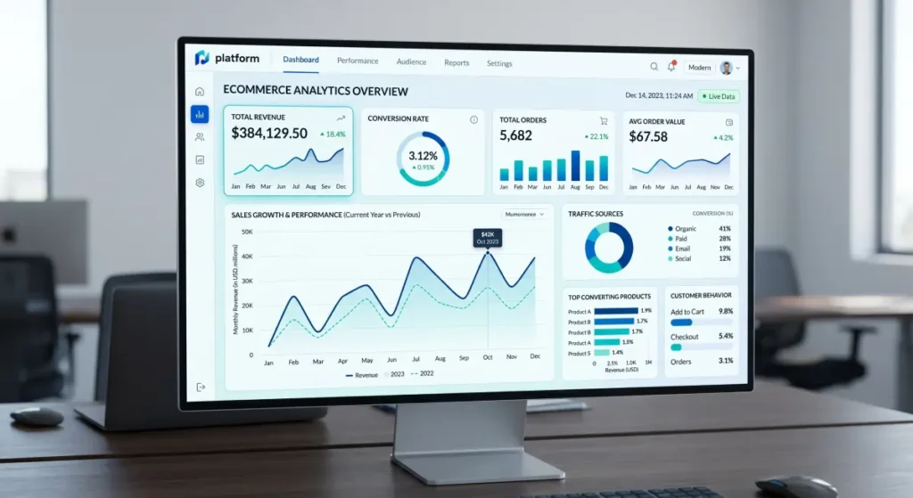 shopify ecommerce performance metrics showing conversion rates and analytics dashboard