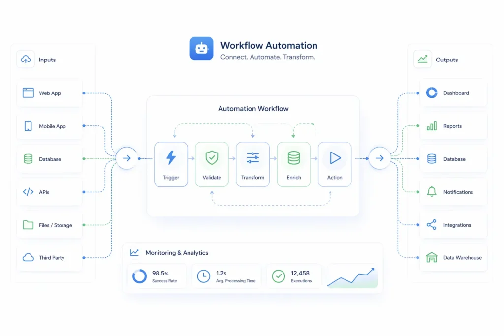 business system automation dashboard showing workflows analytics and scalable digital solutions