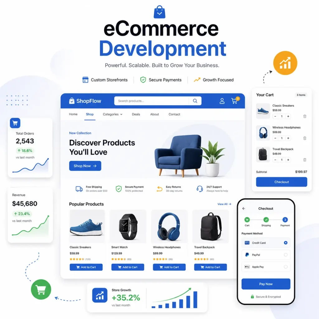 ecommerce store interface showing product listings shopping cart and checkout system
