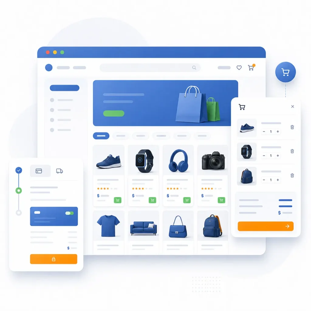 ecommerce website showing product listings shopping cart and checkout interface