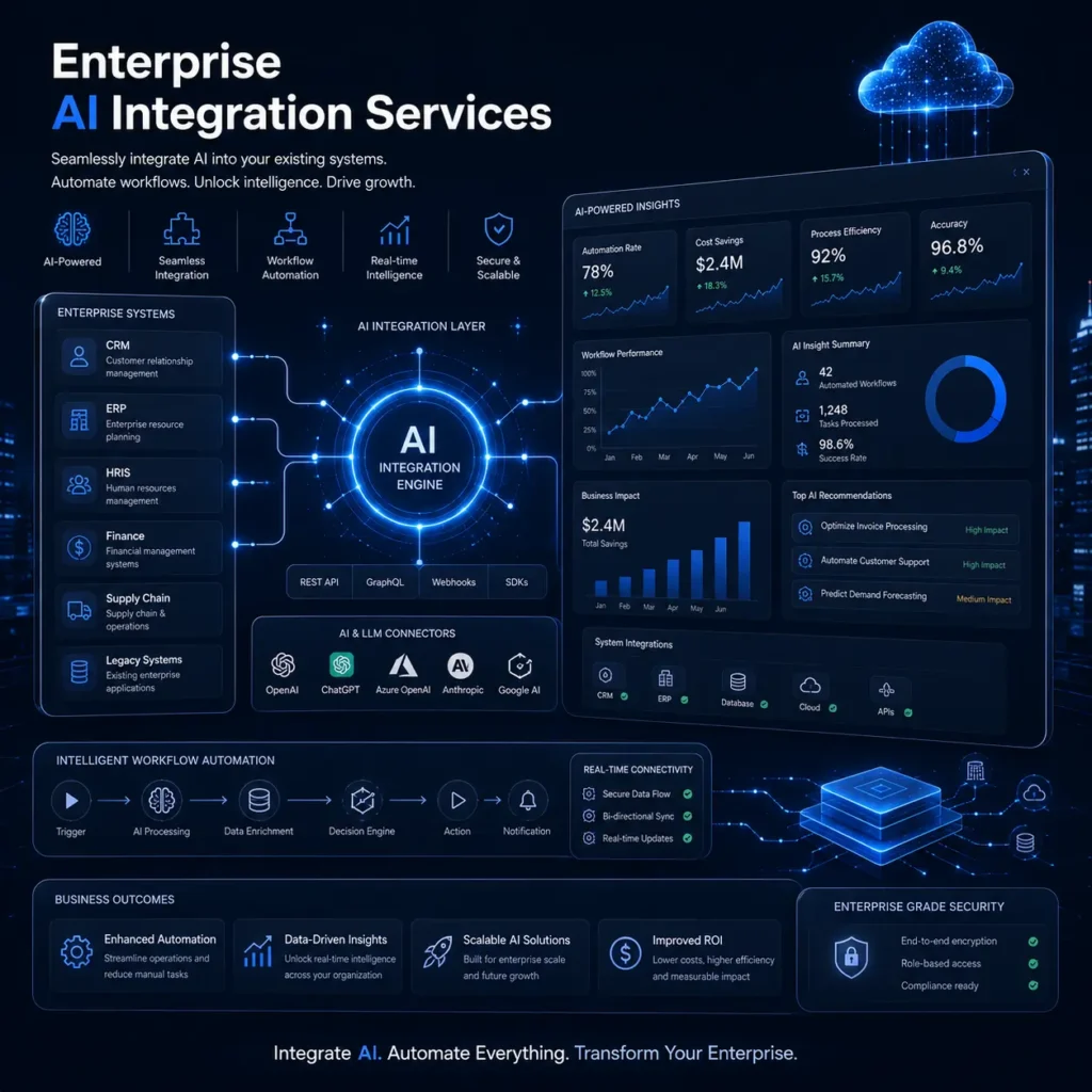 Enterprise AI integration services connecting CRM, ERP, AI automation, and scalable business systems