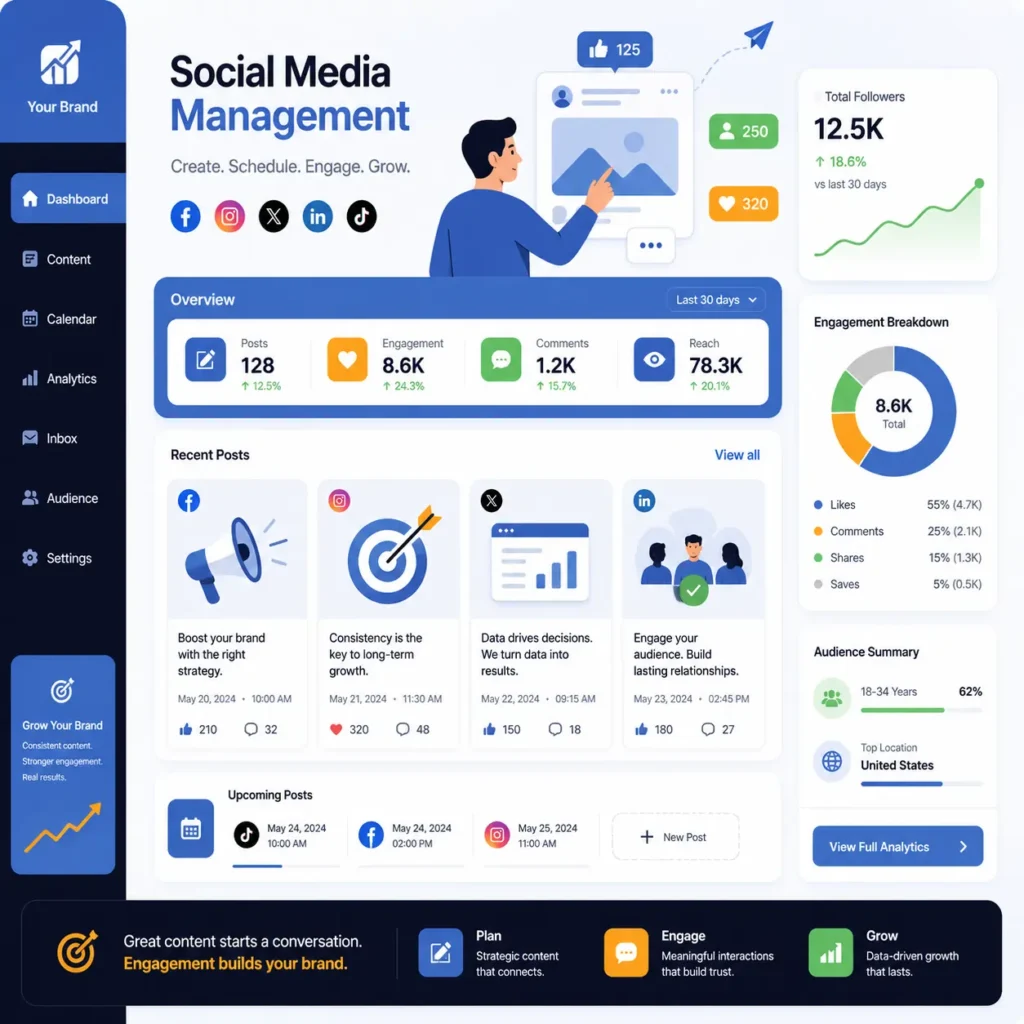 social media dashboard showing content posts engagement metrics and management interface
