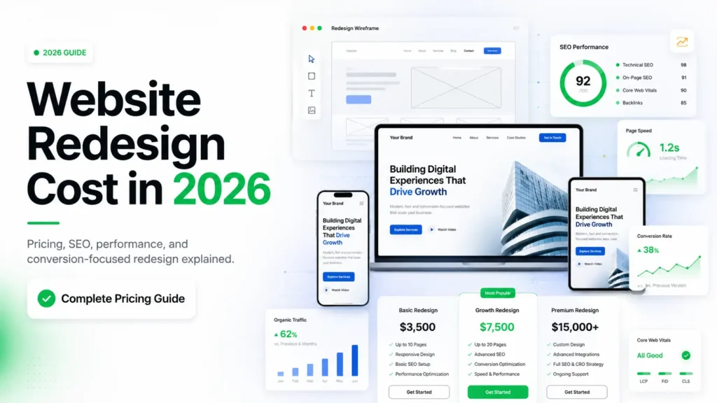 Website redesign cost illustration showing pricing dashboard and modern SaaS website redesign strategy in 2026