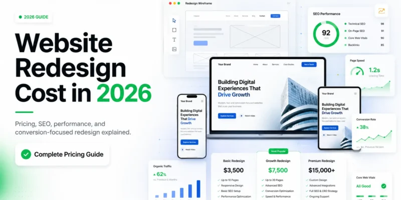 Website redesign cost illustration showing pricing dashboard and modern SaaS website redesign strategy in 2026