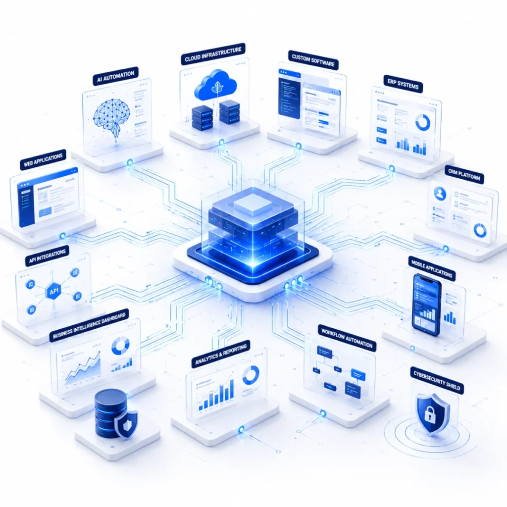 Enterprise digital transformation ecosystem showing AI automation, cloud infrastructure, ERP, CRM, API integrations, analytics dashboards, and connected business systems.