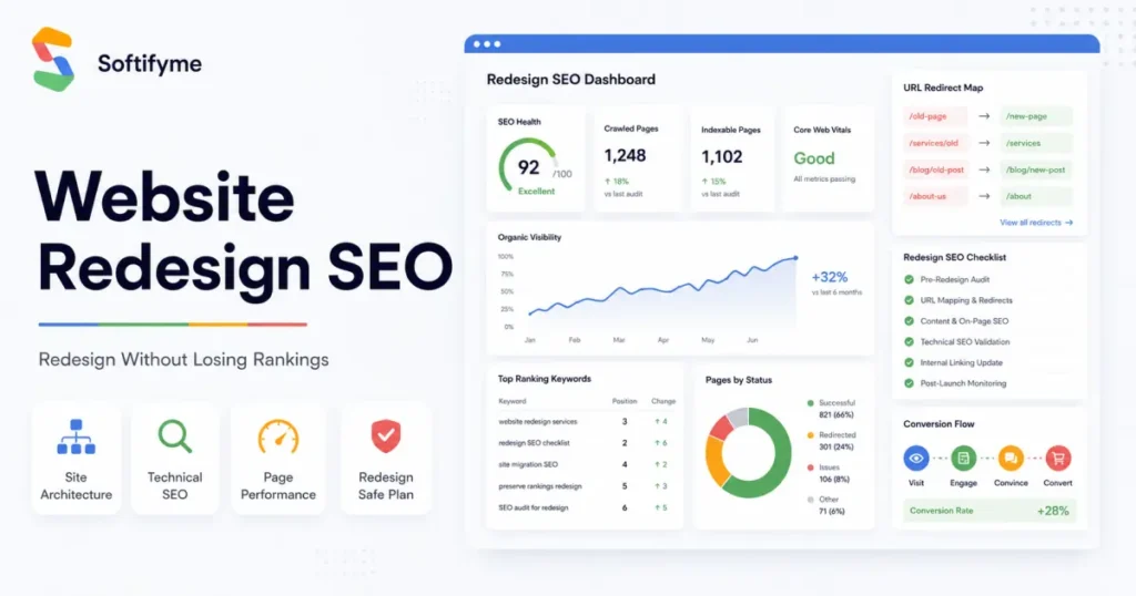 Website redesign SEO guide showing ranking protection, URL mapping, and SEO checklist for a business website redesign by Softifyme