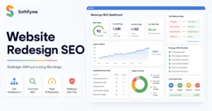 Website redesign SEO guide showing ranking protection, URL mapping, and SEO checklist for a business website redesign by Softifyme