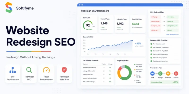 Website redesign SEO guide showing ranking protection, URL mapping, and SEO checklist for a business website redesign by Softifyme