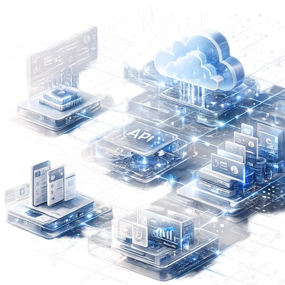 Enterprise software development illustration showing AI, cloud computing, business automation, analytics, API integration, CRM, ERP, and scalable digital transformation solutions.