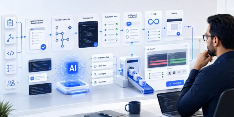 AI-assisted software development workflow with AI coding agents and human approval
