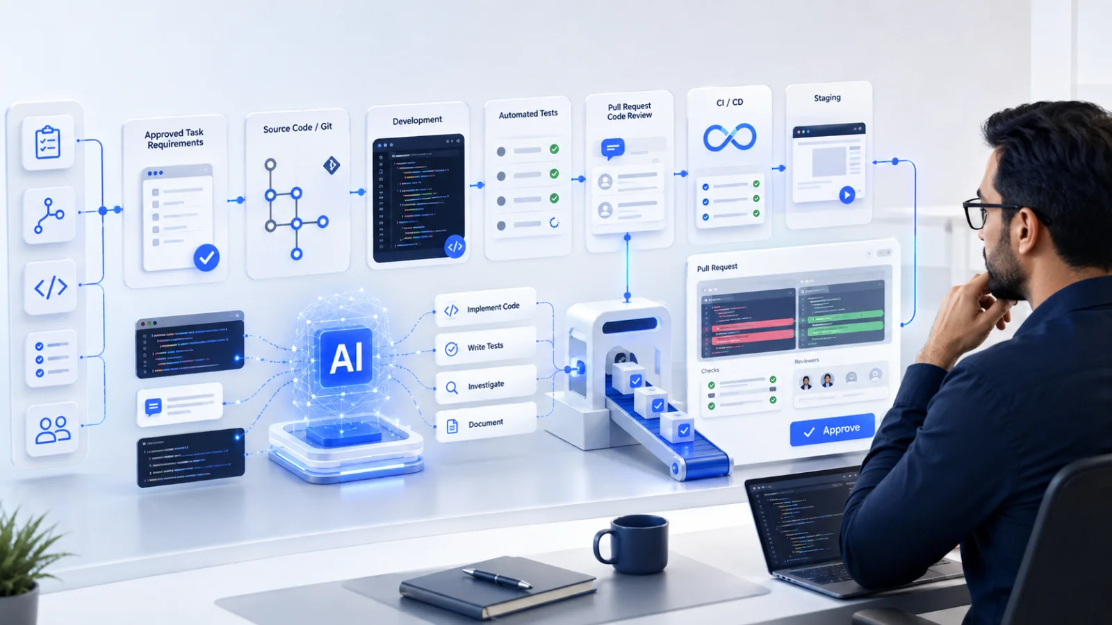AI-assisted software development workflow with AI coding agents and human approval