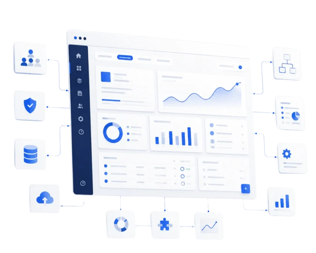 Custom business application with workflows, dashboards, user management, and integrated data