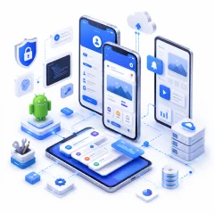 Modern mobile application development technologies and smartphone interface illustration