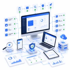 Software quality assurance and testing illustration showing automated testing, performance validation, API testing, and quality checks
